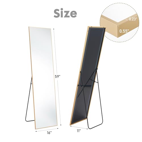 DUMOS 16"x59" Full Length Mirror with Stand, Floor Standing Aluminum Frame, Shatter-Proof Nano Glass for Bedroom, Living Room, Cloakroom – Modern Simple Home Decor,Can Be Hanging or Leaning, Gold - color: Gold-rect Edge, size: 59"L x 16"W