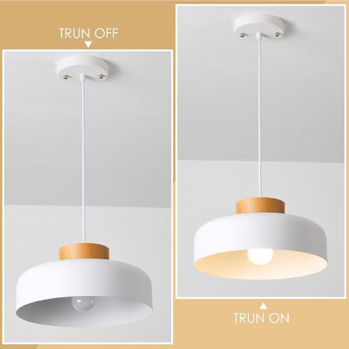 Modern Pendant Light with Real Wood Cap - 12.6” White Hanging Light Fixture for Kitchen Island, Dining Room Table - Adjustable Height Ceiling Light with E26 Socket - Scandinavian Style - color: White, size: 12.6 inches
