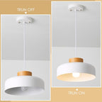 Modern Pendant Light with Real Wood Cap - 12.6” White Hanging Light Fixture for Kitchen Island, Dining Room Table - Adjustable Height Ceiling Light with E26 Socket - Scandinavian Style - color: White, size: 12.6 inches