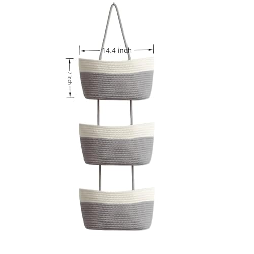 3-Tier Woven Cotton Rope Hanging Basket, Over the Door Organizer, Adjustable Detachable Wall Basket with Metal & Adhesive Hooks, No Drilling for Farmhouse, Boho Home and Wall Decor - style: White&Grey