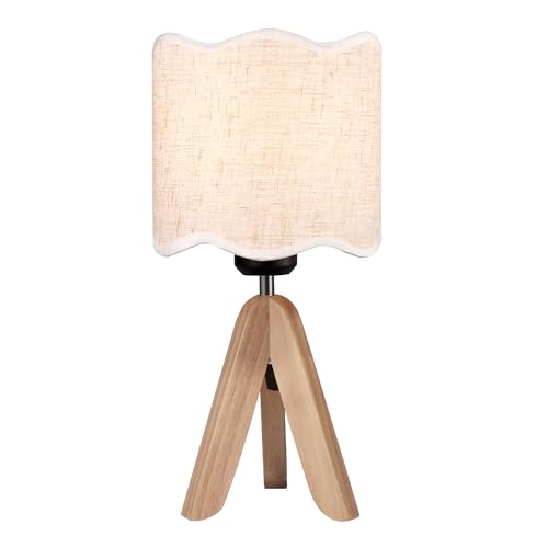 Hamilyeah Tripod Table Lamp with Wood Base, Bedside Lamp with Scalloped Fabric Linen Shade and On/Off Switch, Morden Nightstand Desk Lamp for Bedroom, Living Room, Kids Room, Office Dorm - color: Walnut Beige 1 PACK