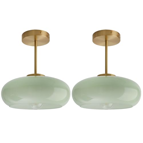 Milk Glass Ceiling Light Semi Flush Mount Ceiling Lights fixtures with Milk Green Glass Shade Mid Century Modern Flush Mount Lighting Gold Brass Close to Lamp for Hallway Kitchen Sink - color: Milk Green 2