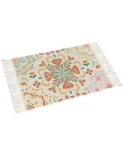 Beige Boho Bathroom Rug 2' x 3', Retro Ethnic Shabby Colorful Floral Patterned Low Profile Front Entryway Rug with Tassels, Woven Cotton Washable Kitchen Mat Carpet for Foyer Bedroom Back Door Decor - color: Multicolor Linen, size: 2' x 3' (Rectangular)