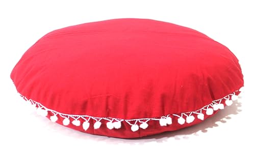 Round Mandala Floor Pillow Cover Seating Cushion Throw Cover Hippie Decorative Bohemian Ottoman Pouf Cover, Pom Pom Pillow Cases, Boho Indian (Red, 22" Round) - color: Red, size: 22"D x 4"W x 22"H