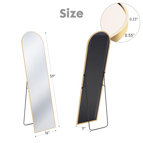 DUMOS 59"x16" Arched Full Length Mirror with Stand, Floor Standing Aluminum Frame, Shatter-Proof Nano Glass for Bedroom, Living Room, Cloakroom – Modern Simple Home DecorHanging or Leaning,Gold - color: Gold-rounded, size: 59"L x 16"W