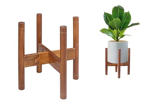 Adjustable Plant Stand for 8–12 Inch Pots, Solid Acacia Wood, Mid-Century Modern Indoor Outdoor Planter Holder with Stainless Steel Screws, Natural Brown (Pot & Plant Not Included) - color: PU Natural Brown