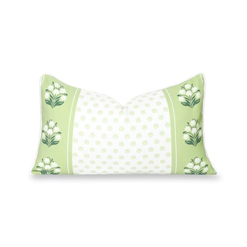 Hofdeco Premium Grandmillennial Coastal Hampton Patio Indoor Outdoor Lumbar Pillow Cover Only, 12"x20" Water Repellent for Backyard, Couch, Poolside, Green Print Block Print Striped Lily of the Valley - color: Grass Green Block Print Striped Lily of the V