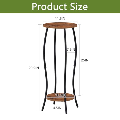 YINMIT Plant Stand Indoor, Tall Plant Stand, 2 Tier Plant Shelf Holder, Metal 4-Leg Corner Plant Stand for Indoor Plants, Wood Round Flower Stand for Living Room Balcony Garden, Retro