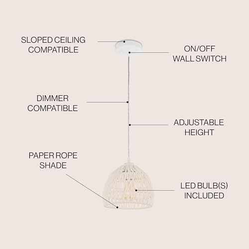 JONATHAN Y 8.25" White Modern Bohemian Woven Rope LED Pendant Light Fixture, Adjustable Dome Ceiling Lamp for Kitchen Island, Rope Shade, Coastal Farmhouse Decor (JYL6512A) - color: White, size: 8.25"