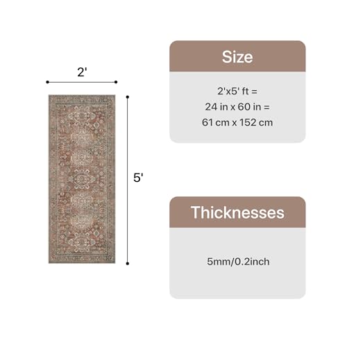 Bavni 2x5 Rug Runner, Washable Runner Rug Non Slip, Vintage Ultra Thin Low Pile Hallway Runner Rug for Kitchen Entryway Bedroom, Brick - color: Brick, size: 2' x 5' (Rectangular)