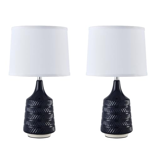 Dark Blue Ceramic Table Lamps Set of 2, 18.5" Modern Bedside Lamps for Night Stands, Classic Small Lamps for Living Room End Tables, Farmhouse Boho Lamp for Bedroom Office, LED Bulbs Included - color: dark blue