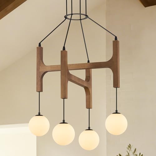 Farmhouse Wooden L24'' Chandelier Rustic Oak Wood Pendant Lights Mid Century 4-Light Milk Glass Globe Pendant Chandelier for Dining Room Kitchen Foyer Entryway Bedroom, G9 - color: Golden Oak, size: L24 inches