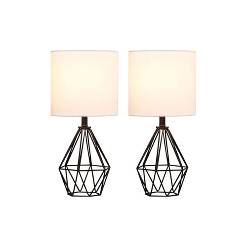 Black Bedside Table Lamps Set of 2, Small Nightstand Lamps for Bedroom, Modern Desk Lamps with TC Fabric Shade Geometric Metal Base for Living Room Study Office Farmhouse - color: Black-2 Pack
