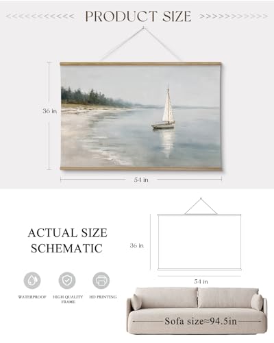 ARPEOTCY Extra Large Vintage Framed Wall Art, 36x54 Inch Coastal Ocean Sailboat Beach Landscape Hanging Canvas Prints Wall Art Decor for Living Room Bedroom, Retro Scenery Pictures Above of Bed - color: Sailboat Beach