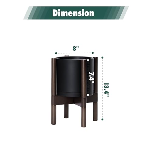 D'vine Dev Planter Pot with Stand - 8 Inch Plastic Cylinder Flower Pot with Wood Planter Holder for Indoor, Matte Black Pot + Walnut Color Stand, 55-C-I-2 - color: Matte Black Pot + Walnut Color Stand, size: 8 Inch