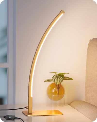 EDISHINE Curved LED Table Lamp, Modern Bedside Lamp with 3 Color Temperature & Stepless Dimming, Aluminum & Iron, Nightstand Lamp for Bedroom, Living Room, Gold - color: Gold