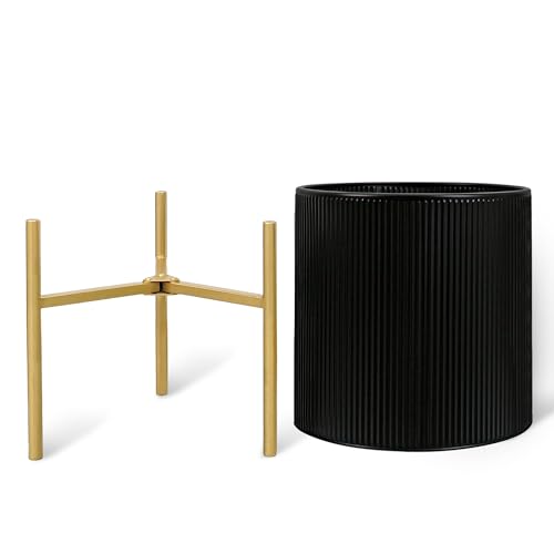 ARNIS Modern Plant Pots, Set of 2 Round Large Planters with Stand, Large Size Metal Pots with Drainage Holes for Living Room, Office, Garden or Balcony, 10.5 &12.25 Inch, Black & Gold - color: Black, size: 10.5 &12.25