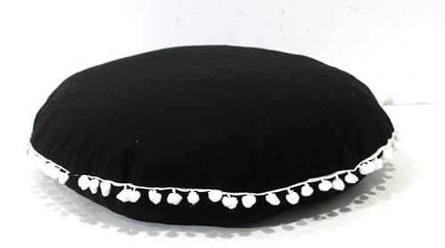 Round Mandala Floor Pillow Cover Seating Cushion Throw Cover Hippie Decorative Bohemian Ottoman Pouf Cover, Pom Pom Pillow Cases,Boho Indian (Black, 22" Round) - color: Black, size: 22"D x 4"W x 22"H
