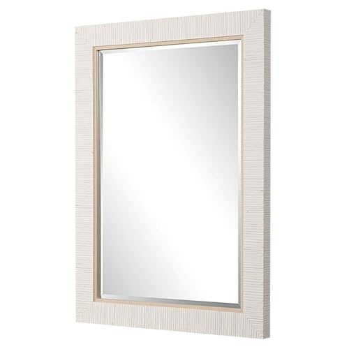 BOWERY HILL Contemporary Glass Mirror, 35" H x 25" W x 1.65" D, Whitewashed Rattan-Look Frame, 1" Bevel Accent Mirror for Coastal Style Bathroom or Home Decor