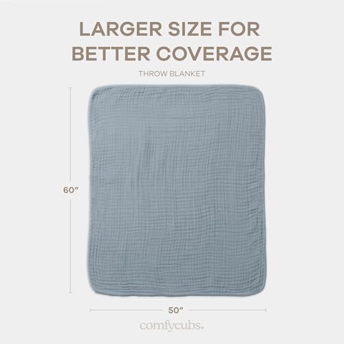 Comfy Cubs Muslin Throw Blanket - 50” x 60” Quilted Design - Lightweight, Breathable 6-Layer Gauze Fabric - Soft Cotton Blanket for Home or Travel - Packaged in Elegant Gift Box - Pacific Blue - color: Pacific Blue, size: Throw - 50" X 60"
