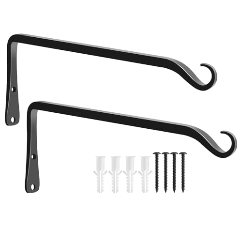 FEED GARDEN 2 Pack 12 Inch Hanging Plant Bracket Wall Hooks Decorative Plant Hangers for Outdoor Hanging Bird Feeders, Wind Chimes, Plant Baskets, Black - color: Black-L, size: 12 Inch