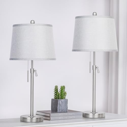 JUNNAI Table Lamps Set of 2, Bedside Lamp Silver Tall Table Lamps for Living Room End Tables, 22" to 30" Adjustable Height Lamp for Bedroom Nightstand Farmhouse with Pull Chain(Bulbs Included) - color: Silver+Gray Shade Set of 2