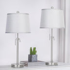 JUNNAI Table Lamps Set of 2, Bedside Lamp Silver Tall Table Lamps for Living Room End Tables, 22" to 30" Adjustable Height Lamp for Bedroom Nightstand Farmhouse with Pull Chain(Bulbs Included) - color: Silver+Gray Shade Set of 2