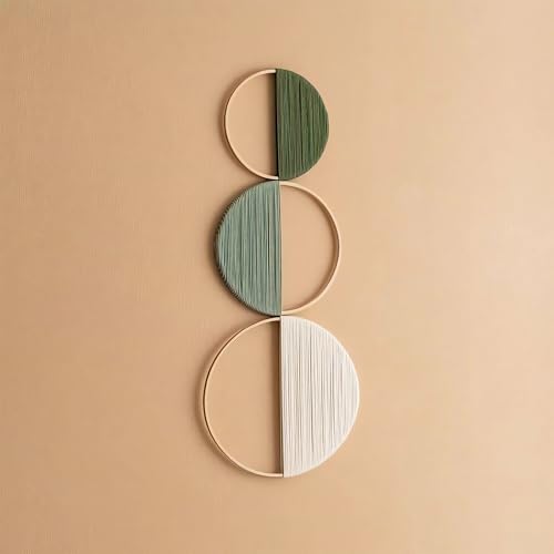 Cilemou 3-Piece Round Bamboo Wall Decor with Yarn-Wrapped Half-Circle Design, Rustic Boho Style Wall Hanging for Living Room, Bedroom, Office, and Home Decor - size: 11.8in