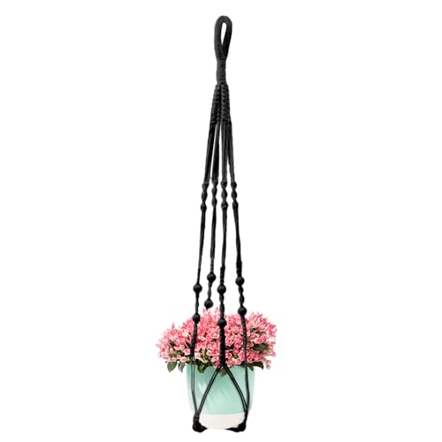 Boho Macrame Plant Hanger, 35 Inch Handmade Cotton Rope Hanging Planter Basket with Wooden Beads for Indoor & Outdoor Decor (Black, Set of 1) - color: Black