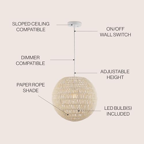 JONATHAN Y 15.75" Cream/White 1-Light Modern Bohemian Woven LED Pendant Light, Adjustable Hanging Ceiling Lamp for Kitchen Island Dining Room, Paper Wicker Shade, Bulb Included (JYL6503B) - color: Cream