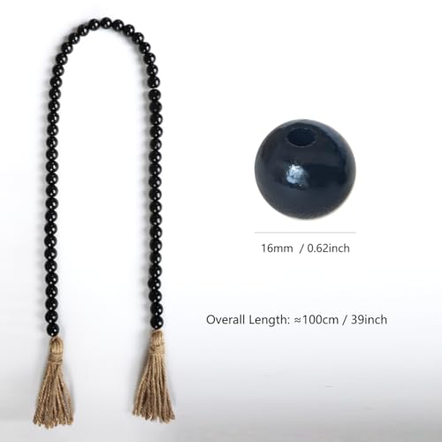 Boho Decor Wood Beads Garland Farmhouse Wall Hanging Decorations Natural Wooden Bead Tassel Decorative for Coffee Table Christmas and Prayer (Black, 39") - color: Black, size: 39"