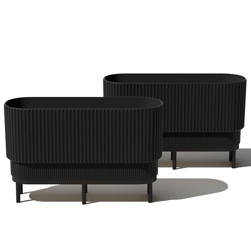 Veradek Demi Series Raised Long Planter for Indoor/Outdoor Use | Made from Plastic & Stone w/Wooden Stand | Modern Patio Décor for Flowers/Shrubs - color: Black/Black, size: 30 inch - 2 Pack