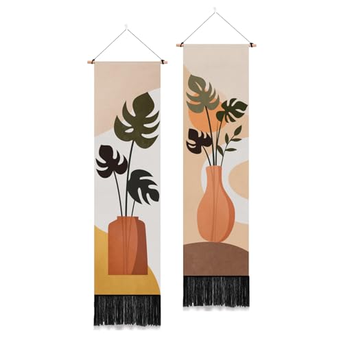 PLIGREAT 2 Pack Bohemia Leaves Tapestry Vertical Plant Tapestry Wall Hanging Vintage Boho Wall Tapestries with Tassels Botanical Aesthetics Long Narrow Tapestries for Living Room Bedroom Home Decor - color: Orange and Green