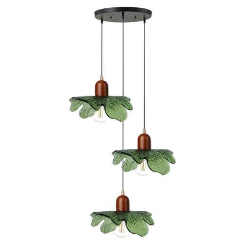 3-Light Green Flower Glass Cluster Pendant Light, Wood Adjustable Cord Hanging Lamp, Farmhouse Boho Ceiling Light Fixture for Kitchen Island Breakfast Nook Dining Table - color: Green, 3 Lights