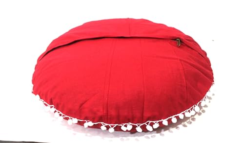 Round Mandala Floor Pillow Cover Seating Cushion Throw Cover Hippie Decorative Bohemian Ottoman Pouf Cover, Pom Pom Pillow Cases, Boho Indian (Red, 22" Round) - color: Red, size: 22"D x 4"W x 22"H