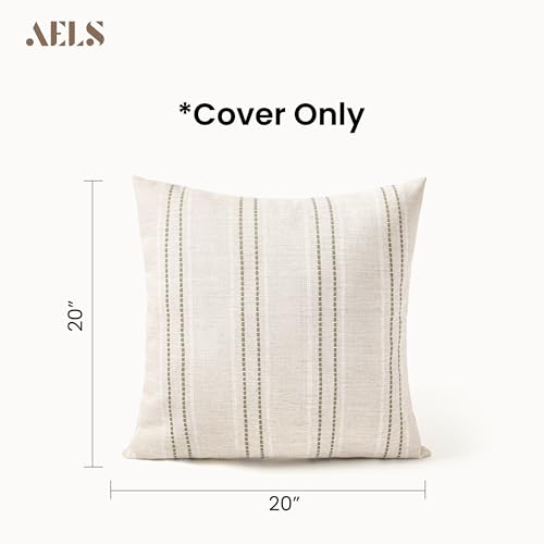 AELS 20x20 Decorative Farmhouse Linen Blend Throw Pillow Covers, Boho Textured Pillow Case, Set of 2, Beige with White & Brown Stitch Yarn Dyed Stripe Cushion Cover for Sofa Living Room (Cover O - color: Beige With White & Brown, size: 20" x 20" (Pack of
