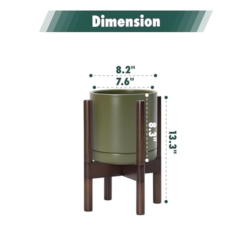 D'vine Dev Ceramic Planter with Walnut Color Stand - 8 Inch Modern Round Flower Pot with Wood Planter Holder, Olive, 55-B-Y-J - color: Olive Pot + Walnut Color Stand, size: 8 Inch