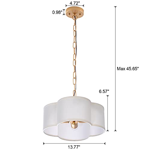 VILUXY Farmhouse Chandelier White Linen Fabric 4 Lights Pendant Light Flower Round Drum Chandelier with Gold Light Fixture for Bedroom Dining Room Living Room - color: white with chain