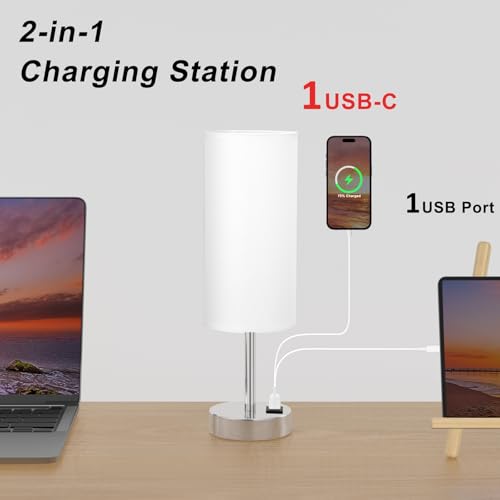 Dicoool Bedside Table Lamps for Bedroom Set of 2 - Touch Lamp for Nightstand with USB-A+C Charging Ports - 3 Way Dimmable Small Desk Lamp White for Office, Dorm Room, Living Room, Reading, Nursery - color: White & Silver, size: 14in