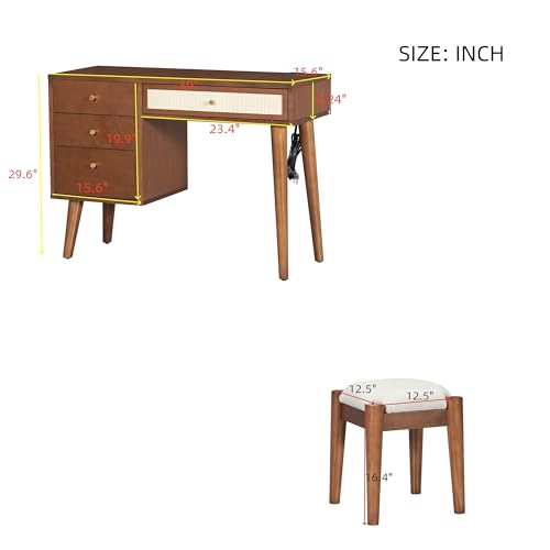 47" Rattan Vanity Table with Mirror and Lights, Brown Makeup Vanity with Storage & 5 Drawers, Boho Vanitys Desk with Shelves for Bedroom, 3 Lighting Modes, Adjustable Brightness (Dark Brown) - color: Dark Brown