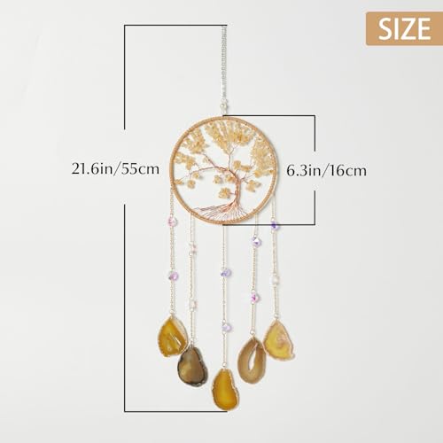 Agate Citrine Gemstone Dream Catcher 7 Chakras Gold Tree of Life Dream Catcher with Healing Crystal Stones Handmade Dreamcatcher Wall Decor for Adults Boys Girls,Bedroom,Wedding,Garden,Bless Gift - color: Citrine 7 Chakra Tree(5 Agates)
