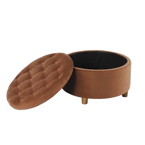 HomePop 28" Button Tufted Velvet Round Storage Ottoman - Spice Orange Velvet - color: Spice Orange