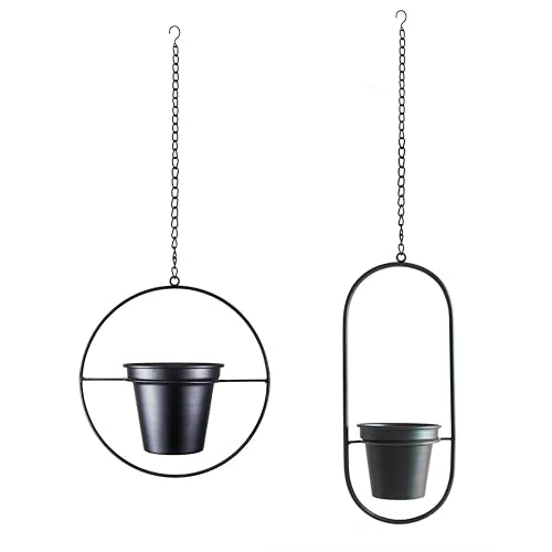 Modern Metal Hanging Planters Set of 2 - Round and Oval Geometric Plant Hangers with 5 Inch Pots - Black Wall and Ceiling Mount Flower Holders for Indoor and Covered Outdoor Décor - size: CIRCLE +OVAL - 5 INCH POT