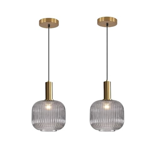 BOKT Modern Smoke Gray Glass Pendant Light 2-Pack Kitchen Island Globe Striped Pendant Lights Farmhouse Adjustable Cord Hanging Light Fixture for Dining Room - color: Smoke Gray-2 Pack