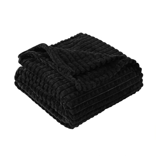 Puncuntex Flannel Fleece Throw Blanket Black 50"×60",Super Soft Plush Cozy Blanket with Square Grid Design Luxury for Couch Sofa Chair - color: Black, size: 50"×60"