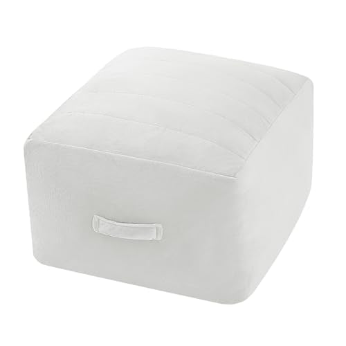 MeMoreCool Square Stuffed Pouf Ottoman Foot Rest, Floor Pouf Foot Stool with Foam Chunk Filling, Soft Stuffed Ottoman Footrest for Living Room, Off-White - color: Striped Off-white