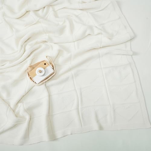Baby Knit Cotton Blanket White Heart Texture Soft Cotton Nursery Crib Throw for Baby Shower Birthday Size 30x40 - color: White, size: 30"x40"
