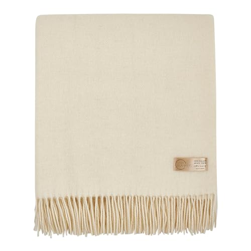 | Wool Blanket/Throw | 100% New Zealand Wool | Perfect for Home and Outdoors | Virgin Wool Throw with Fringes 67"x79" (170 x 200 cm) - color: Creamy White, size: Queen