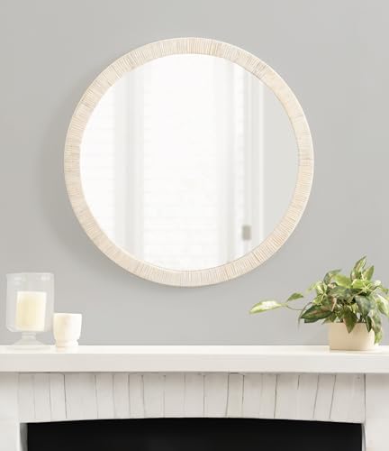 Kate and Laurel Rahfy Boho Round Rattan Mirror, 28 Inch Diameter, White, Decorative Circle Mirror with Wrapped Authentic Rattan Frame for Vanity Bathroom Mirror - color: White, size: 27.8"L x 27.8"W