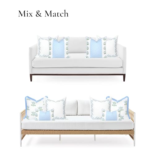 Hofdeco Premium Grandmillennial Coastal Hampton Patio Indoor Outdoor Throw Pillow Cover Only, 20"x20" Water Repellent for Backyard, Couch, Poolside, Baby Blue Embroidered Leaves Frame - color: Baby Blue Leaves Frame 20"x20"